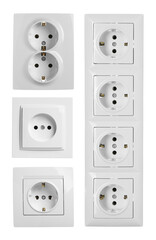 Set with plastic power sockets on white background