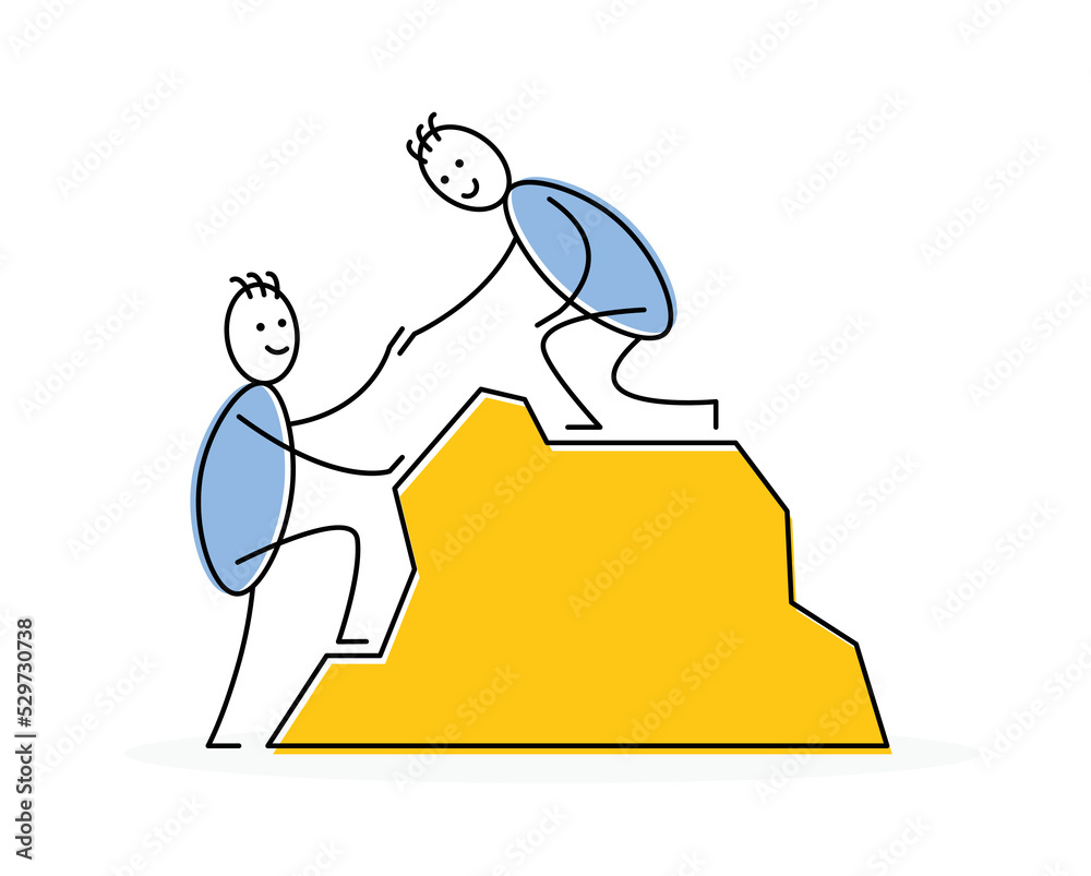 Poster man giving a helping hand symbol. stickman getting help by a friend to climb or hike up a mountain. 