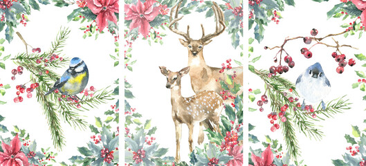 Merry Christmas watercolor deer, bird illustration, greeting card printable design, vintage forest invitation.Spruce,poinsettia, holly berry Happy new year,warm wishes lettering,text greeting card diy