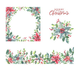 Watercolor Woodland Christmas floral frame banner illustration, Winter forest flower decoration for greeting card, poster, invitation, baby shower Merry Christmas, New Year, holiday, sticker print diy