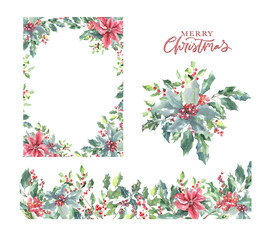 Watercolor Woodland Christmas floral frame banner illustration, Winter forest flower decoration for greeting card, poster, invitation, baby shower Merry Christmas, New Year, holiday, sticker print diy