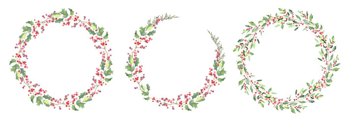 Watercolor Woodland Christmas floral wreath illustration, Winter forest flower decoration for greeting card, poster, invitation, baby shower Merry Christmas, New Year, holiday, sticker, frame art,diy