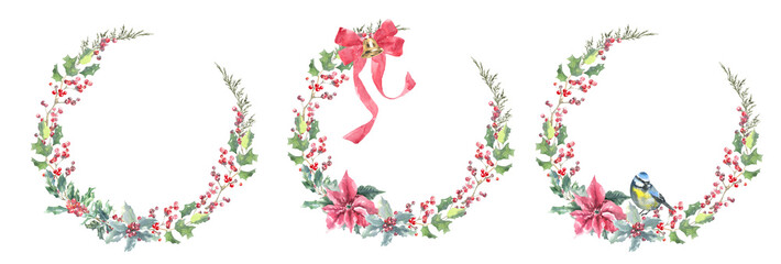 Watercolor Woodland Christmas floral wreath illustration, Winter forest flower decoration for greeting card, poster, invitation, baby shower Merry Christmas, New Year, holiday, sticker, frame art,diy