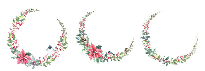 Watercolor Woodland Christmas floral wreath illustration, Winter forest flower decoration for greeting card, poster, invitation, baby shower Merry Christmas, New Year, holiday, sticker, frame art,diy