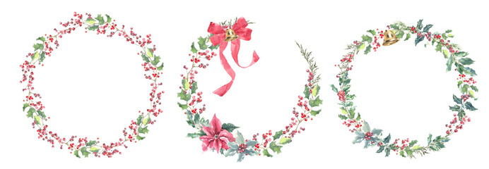 Watercolor Woodland Christmas floral wreath illustration, Winter forest flower decoration for greeting card, poster, invitation, baby shower Merry Christmas, New Year, holiday, sticker, frame art,diy