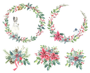 Watercolor Woodland Christmas floral wreath illustration, Winter forest flower decoration for greeting card, poster, invitation, baby shower Merry Christmas, New Year, holiday, sticker, frame art,diy