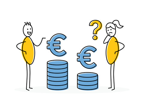 Gender pay gap, inequality between man and woman about wage, salary or income in euro. Vector illustration.