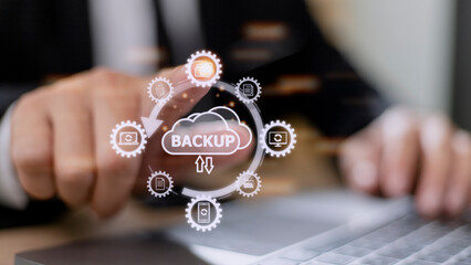 Backup files and data on internet with cloud storage technology that sync all online devices and...