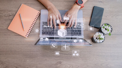 Businesswoman using a computer show workflow for logistic service modern for export and import, warehouse business, transport, Box storage, distribution, cargo delivery concept.