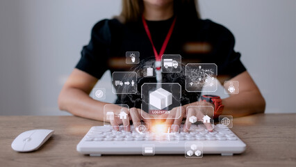 Businesswoman using a computer show workflow for logistic service modern for export and import,...