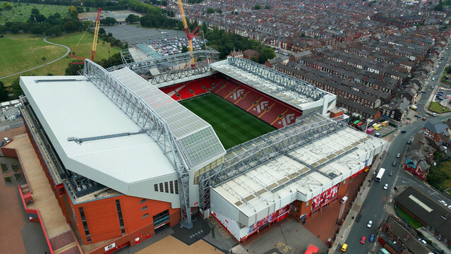 Anfield stadium of FC Liverpool from above - aerial view - LIVERPOOL, UNITED KINGDOM - AUGUST 16, 2022