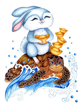 Watercolor Illustration Blue Rabbit Floats On A Turtle With Gold Bars, Yuan Bao. Holiday, Celebration, New Year. Ideal For T-shirts, Cards, Prints. Isolated On White Background. Drawn By Hand.