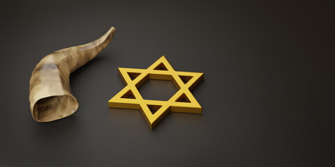 Star of David and shofar with copy space. Yom kippur concept. 3d illustration. - obrazy, fototapety, plakaty