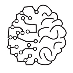 Half organic human brain enhanced with artificial intelligence. Simple line icon drawing for transhuman and AI technology concept design