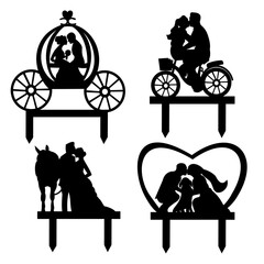 Wedding toppers silhouettes, bride and groom, marriage, heart, dog,horse, bycicle, carriage