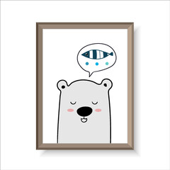 simple childish hand drawn cute bear think of fish line art for wallpaper, background, picture, poster, painting, drawing, postcard, billboard, banner, label, print element etc. vector design.