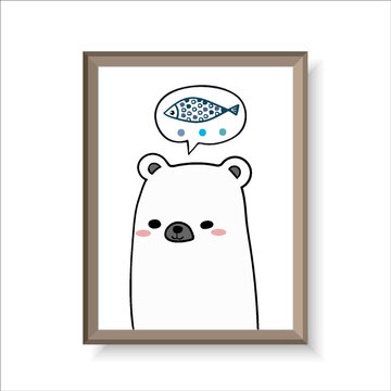 simple childish hand drawn cute polar bear think of fish line art for wallpaper, background, picture, poster, painting, drawing, postcard, billboard, banner, label, print element etc. vector design.