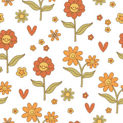 Seamless pattern retro 70s hippie. Psychedelic groove elements. Background with flower and smiling face vintage style. Illustration with positive symbols for wallpaper, fabric, textiles. Vector - 529735128