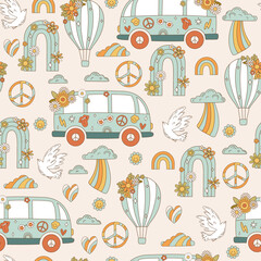 Seamless pattern retro 70s hippie. Psychedelic groove element. Background with rainbow, air balloon and bus in vintage style. Illustration with positive symbols for wallpaper, fabric, textiles. Vector - 529735137