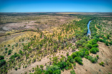 Aerial view over the Victoria River at Kalkaringi, Northern Territory, Australia. August 2022.