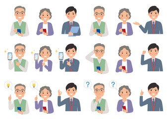 スマホを持ったシニアと販売スタッフのポーズセット