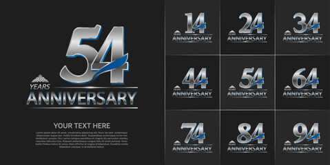 set of anniversary silver color and blue feather can be use for celebration event