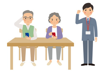 シニアのスマホ操作 悩み全身ポーズと販売スタッフのガッツポーズ