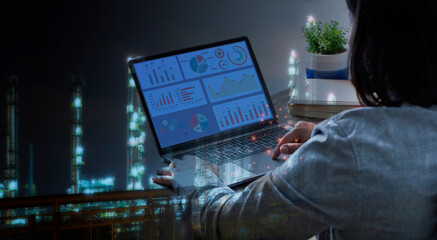 women using laptop or notebook computer with data analysis graph dashboard, confident woman working with computer laptop concept, contact idea design dashboard graph and industrial blur background.