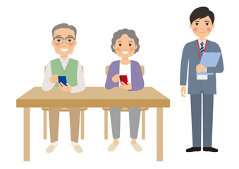 シニア笑顔のスマホ操作全身ポーズ＆販売スタッフ