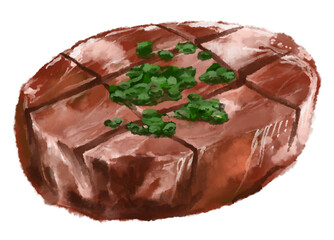Beef tongue slice Asian bbq food watercolor digital painting illustration