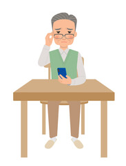 老眼で悩むシニアのスマホ操作全身ポーズ