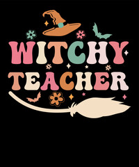 witchy teacher Retro Halloween Cute Vintage Teacher Halloween Party T-shirt Design