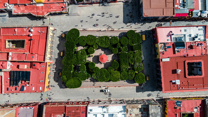 Beautiful aerial drone view of the main square of San Miguel de Allende in Guanajuato, Mexico.