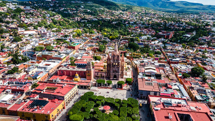 Beautiful aerial drone view of the main square of San Miguel de Allende in Guanajuato, Mexico.