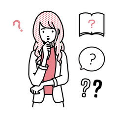 立って手をあごにあてて疑問を感じているジャケットの女性 クエスチョンマークのセット