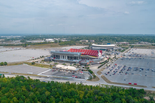 The USA, Kansas City, September 2022: Aerial view of the GEHA Field at Arrowhead Stadium and Aramark-Kauffman Stadium. The World Cup of soccer FIFA will be take in the USA, Canada and Mexico.