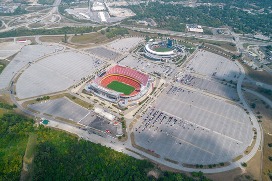 The USA, Kansas City, September 2022: Aerial view of the GEHA Field at Arrowhead Stadium and Aramark-Kauffman Stadium. The World Cup of soccer FIFA will be take in the USA, Canada and Mexico.