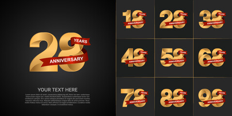 Fototapeta premium set of anniversary golden color and red ribbon can be use for celebration event