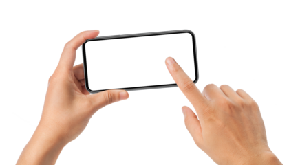 hands holding smartphone and touching screen with finger.