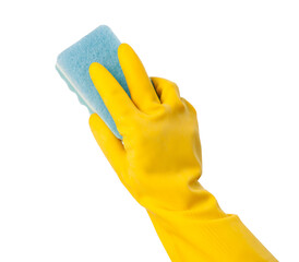 hand holding a cleaning sponge with gloves. - obrazy, fototapety, plakaty