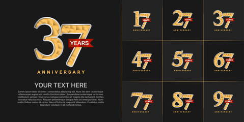 set of anniversary golden color and red ribbon can be use for celebration event