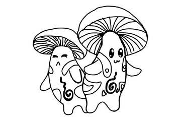 Cute Mushroom Character Line Art Vector
