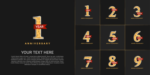 set of anniversary golden color and red ribbon can be use for celebration event