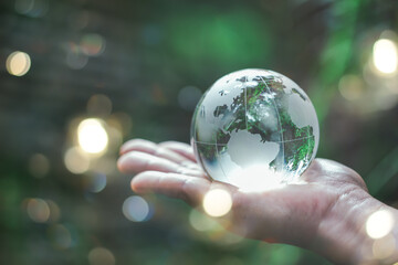 Human hand holding globe planet glass In green forest with bokeh nature lights. world environment day. concept for environment conservation, protect ecology earth and environmental eco-friendly life.