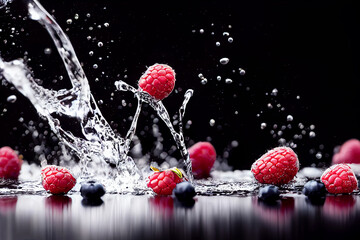 Mixed berries with water splash on isolated black background. Healthy food and fruits concept....