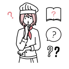立って手をあごにあてて疑問を感じている調理師の女性 クエスチョンマークのセット