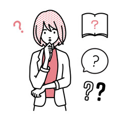 立って手をあごにあてて疑問を感じているジャケットの女性 クエスチョンマークのセット