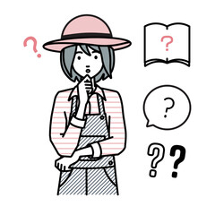 立って手をあごにあてて疑問を感じている農家の女性 クエスチョンマークのセット