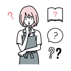 立って手をあごにあてて疑問を感じている店員の女性 クエスチョンマークのセット