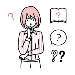 立って手をあごにあてて疑問を感じているブラウスの女性 クエスチョンマークのセット